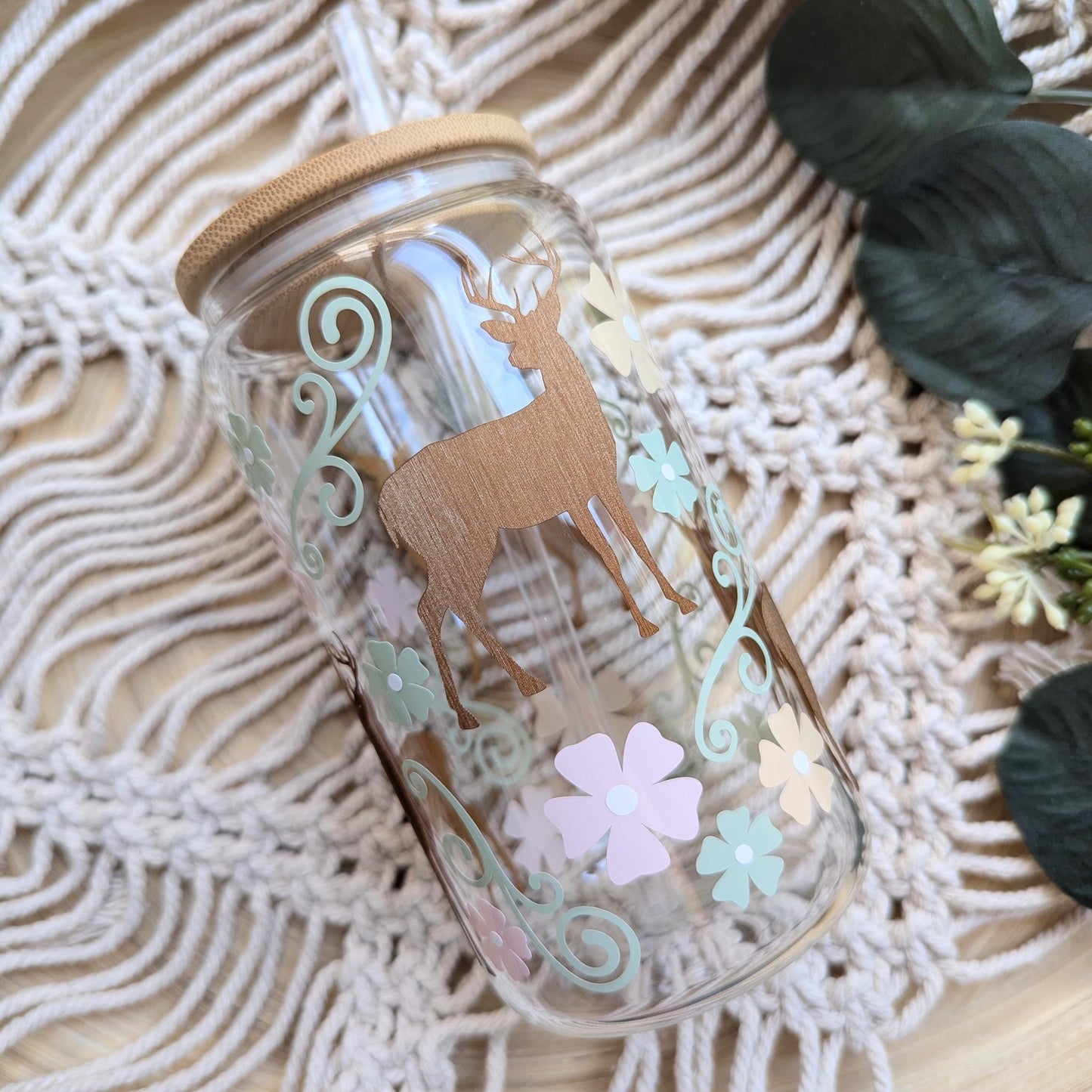 Boho pastel deer 16oz glass cup, 17oz glass mug or 16oz acrylic cup with bamboo lid & reusable plastic straw. Cute flowers and deer tumbler