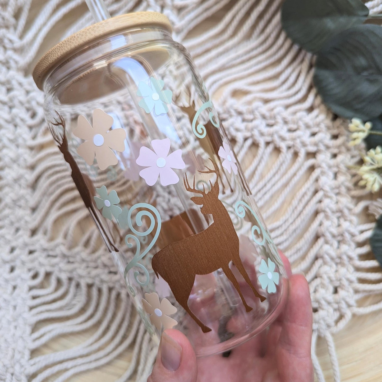 Boho pastel deer 16oz glass cup, 17oz glass mug or 16oz acrylic cup with bamboo lid & reusable plastic straw. Cute flowers and deer tumbler