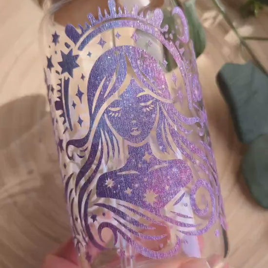 Celestial glitter brush feel 16oz glass cup or 17oz glass mug with bamboo lid and reusable plastic straw. Magical, mystical, beautiful woman