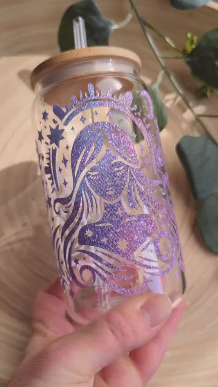 Celestial glitter brush feel 16oz glass cup or 17oz glass mug with bamboo lid and reusable plastic straw. Magical, mystical, beautiful woman