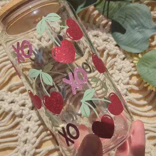 Cherry Kisses glittery 16oz glass cup or 17oz glass mug with bamboo lid &reusable plastic straw. Cute coffee cup. Iced coffee. Valentine's