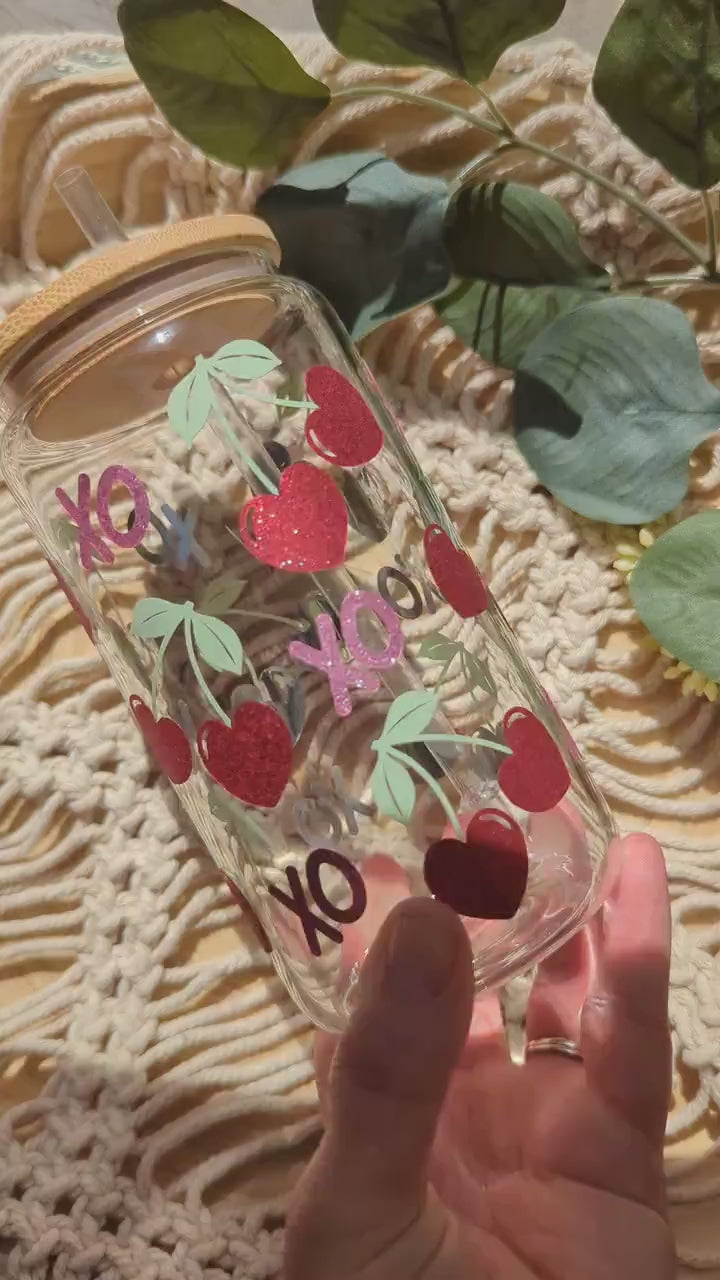 Cherry Kisses glittery 16oz glass cup or 17oz glass mug with bamboo lid &reusable plastic straw. Cute coffee cup. Iced coffee. Valentine's