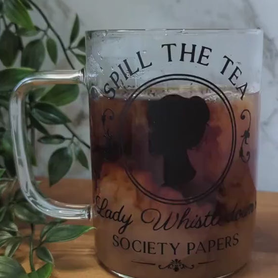 Lady Whistledown Spill the Tea Society Pages Bridgerton theme on 16oz glass cup or 17oz glass mug with bamboo lid & straw. Bridgerton cup