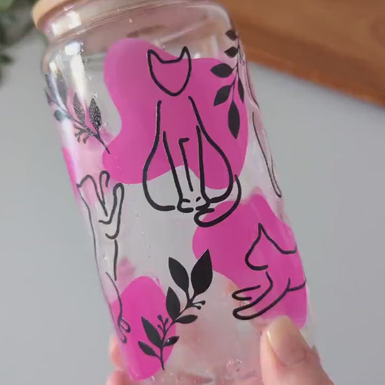 Pink cold colour changing kitty cats. 16oz glass cup or 17oz glass mug with bamboo lid & reusable plastic straw. Black cats. Iced coffee cup