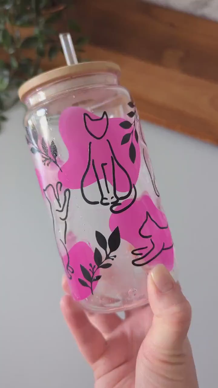 Pink cold colour changing kitty cats. 16oz glass cup or 17oz glass mug with bamboo lid & reusable plastic straw. Black cats. Iced coffee cup