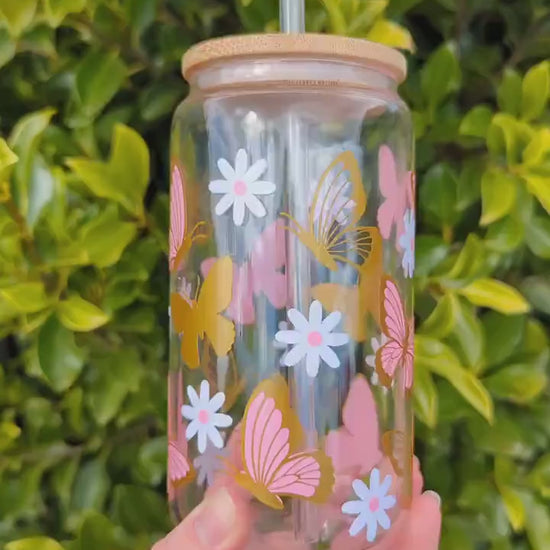 Butterfly Dreams 17oz Glass Mug or 16oz Glass Can Cup with Bamboo Lid & Reusable Plastic Straw. Coffee Cup Iced Coffee. Vinyl