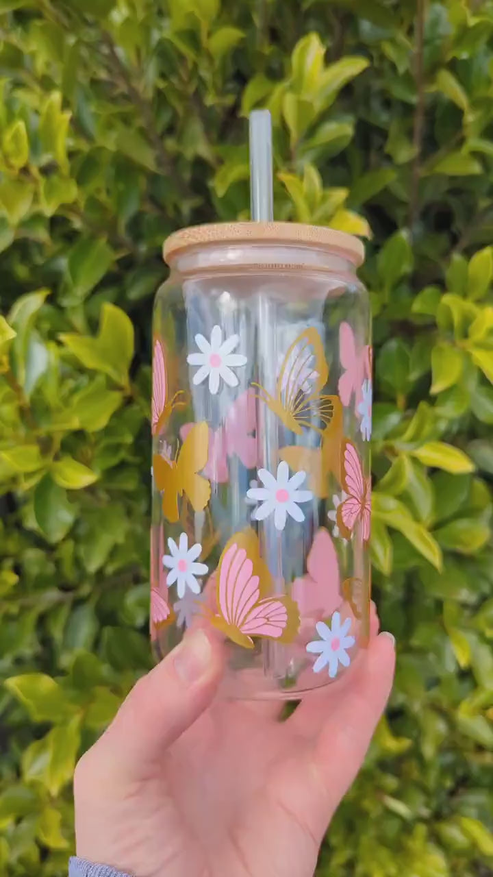 Butterfly Dreams 17oz Glass Mug or 16oz Glass Can Cup with Bamboo Lid & Reusable Plastic Straw. Coffee Cup Iced Coffee. Vinyl