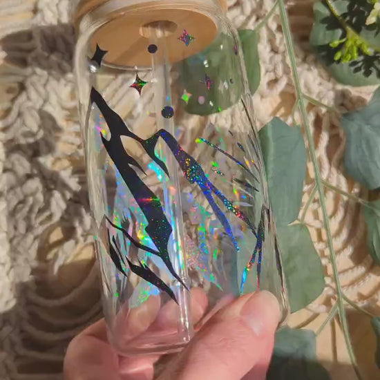 ACOTAR Valaris City of Starlight shimmering finish theme 16oz glass cup or 17oz glass mug with bamboo lid and reusable plastic straw.