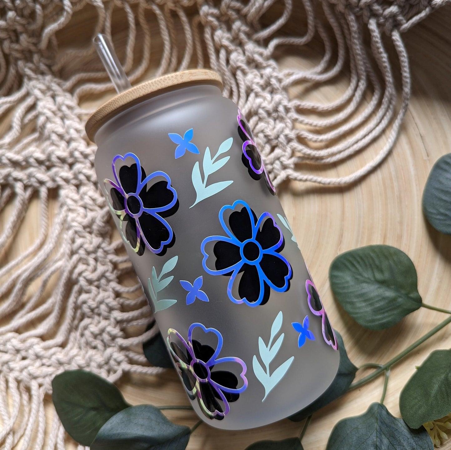 Boho cute flower 16oz glass can cup or 17oz glass mug with bamboo lid & reusable straw. Clear or frosted. Cute iced coffee cup. Iced tea