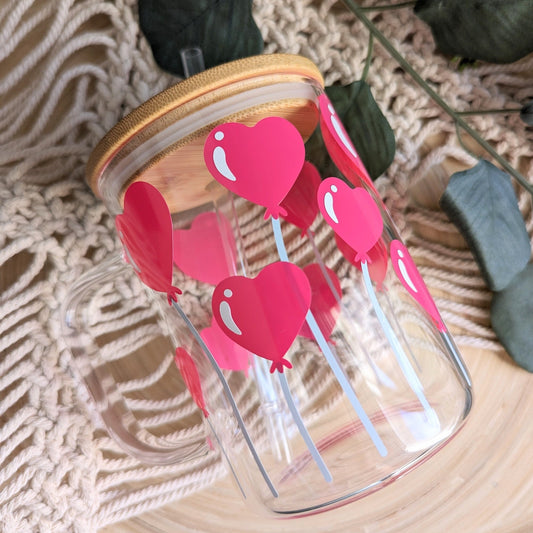 Hot Pink Balloon Heart 16oz glass cup or 17oz glass mug with bamboo lid & reusable straw. Valentine's Day, Coffee mug, heart, love, cute cup